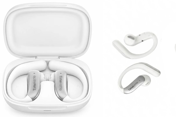 White Timekettle LiveTalk earbuds in an open charging case, with a single earbud displayed separately.