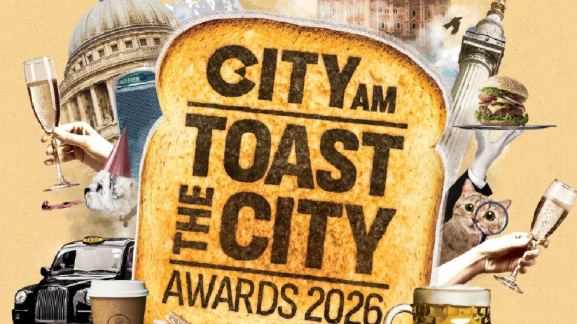City AM Toast the City Awards 2026 logo with London landmarks, champagne, coffee, and a taxi.