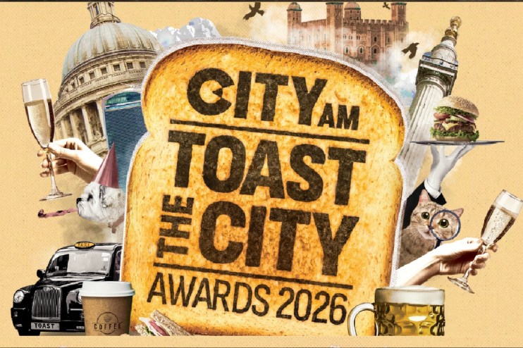 City AM Toast the City Awards 2026 logo with London landmarks, champagne, coffee, and a taxi.