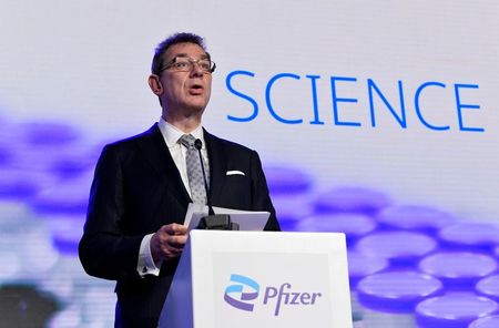 Pfizer CEO Albert Bourla talks during a press conference after a visit at Pfizer vaccine plant in Puurs, Belgium, April 23, 2021. (John Thys /Pool via REUTERS/File Photo)