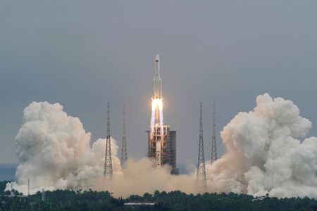 Long March 5B Y2 rocket, carrying the core module of China's space station Tianhe, takes off from Wenchang Space Launch Centre in Hainan on 29 April.