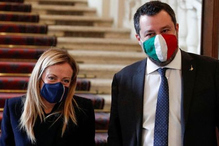 FILE PHOTO: Brothers of Italy leader Giorgia Meloni and League party leader Matteo Salvini leave after a meeting with Italian President Sergio Mattarella at the Quirinale Palace in Rome